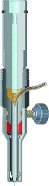 A cutaway view of an abrasivejet nozzle